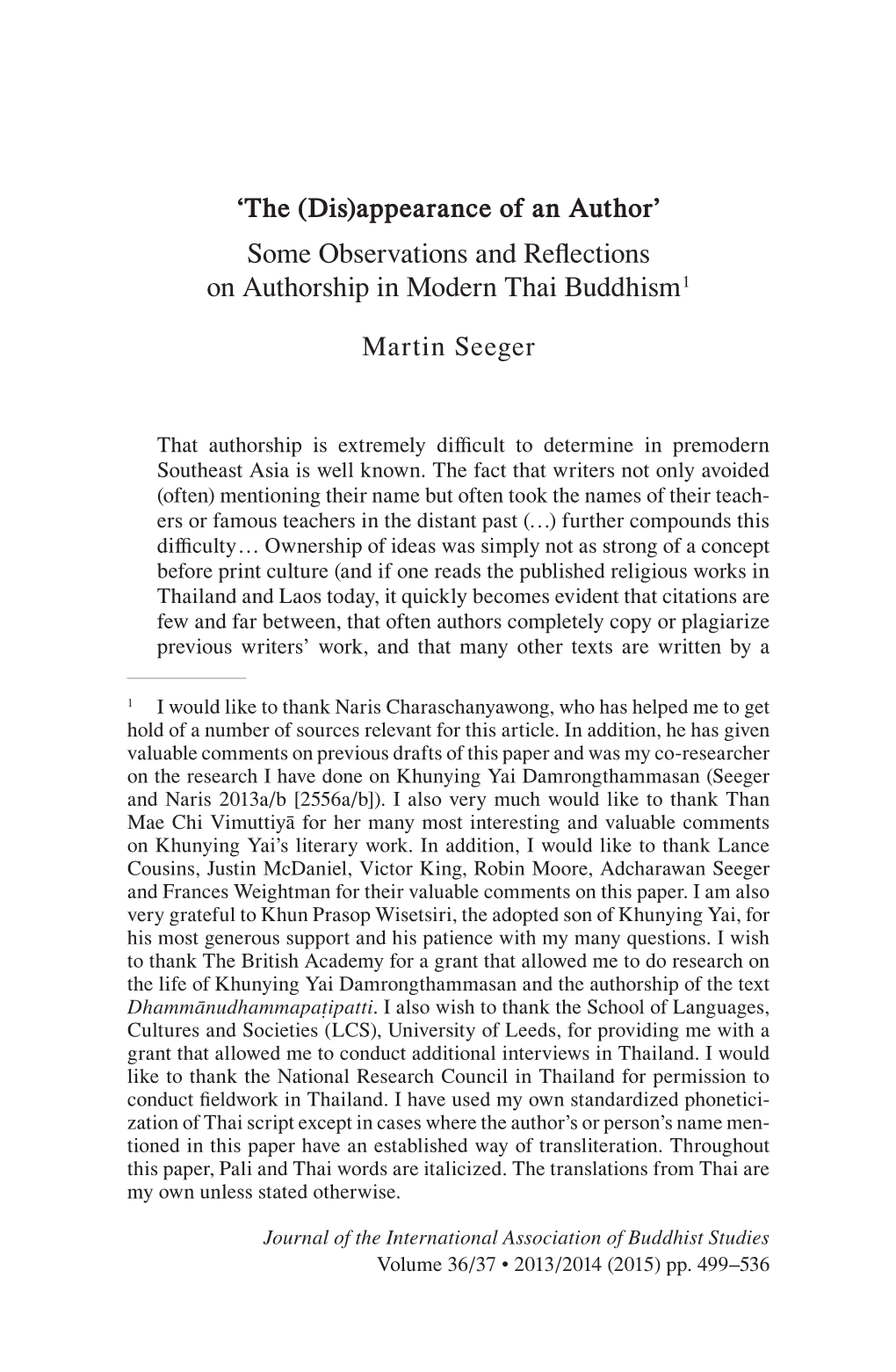 Some Observations and Reflections on Authorship in Modern Thai Buddhism 1