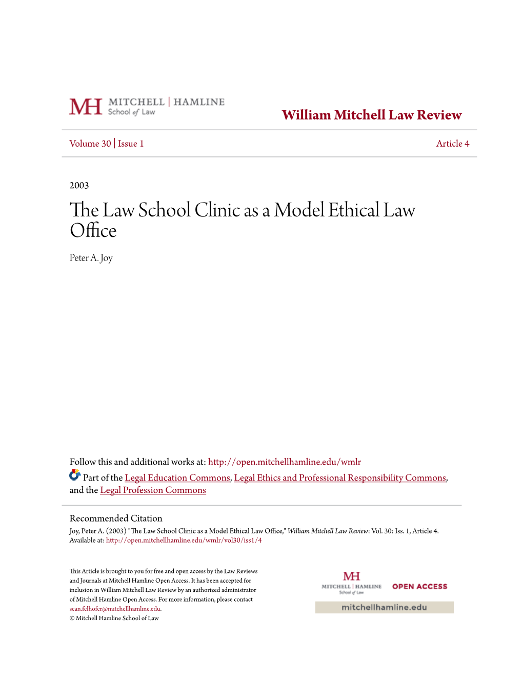 The Law School Clinic As a Model Ethical Law Office Peter A