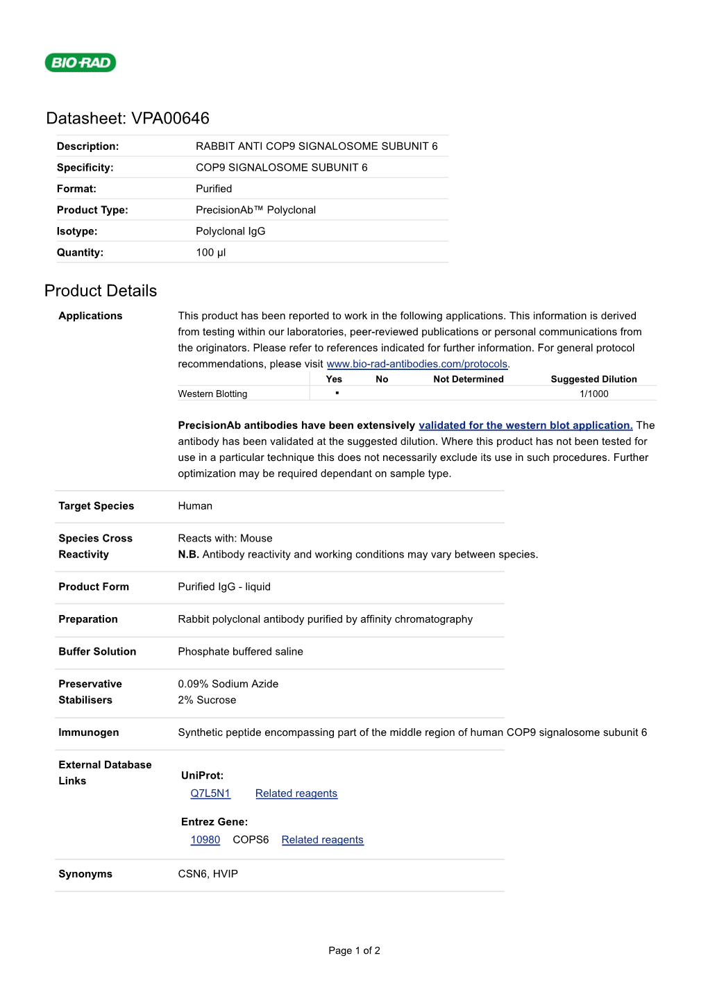 Datasheet: VPA00646 Product Details