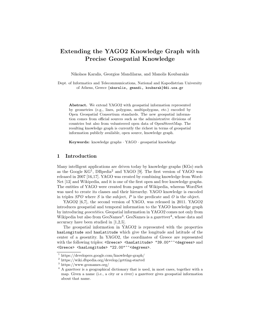 Extending the YAGO2 Knowledge Graph with Precise Geospatial Knowledge
