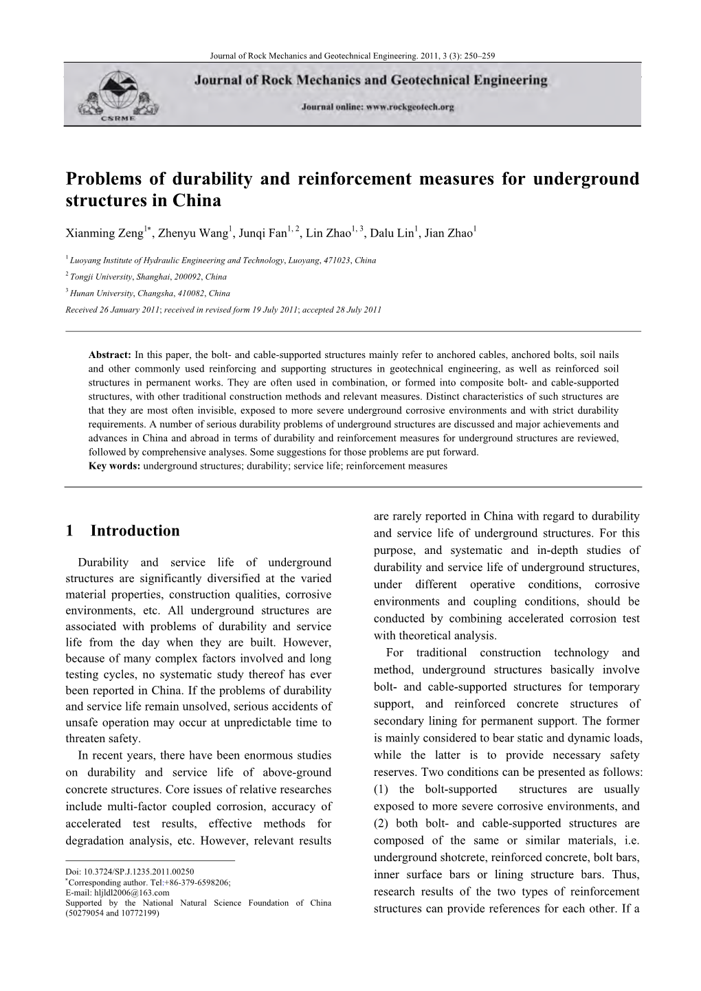 Problems of Durability and Reinforcement Measures for Underground Structures in China