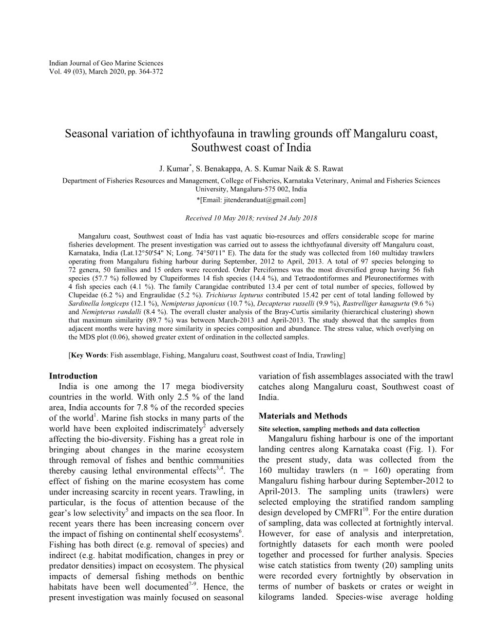 Seasonal Variation of Ichthyofauna in Trawling Grounds Off Mangaluru Coast, Southwest Coast of India