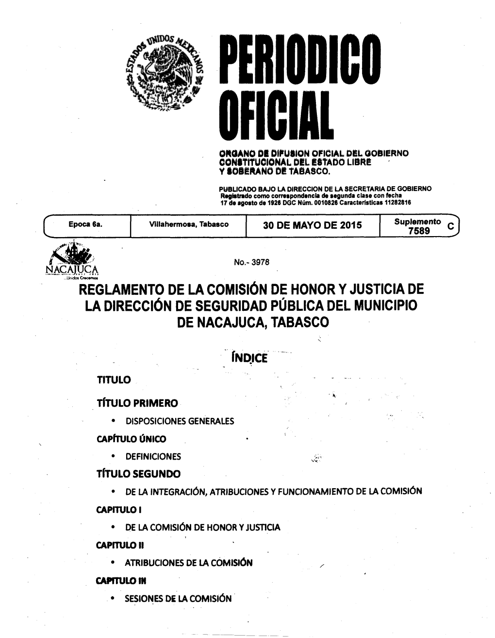 Reglamento De La Comisión De Honor Y Justicia De La Dirección De Seguridad Pública Del Municipio De Ñacajuca, Tabasco