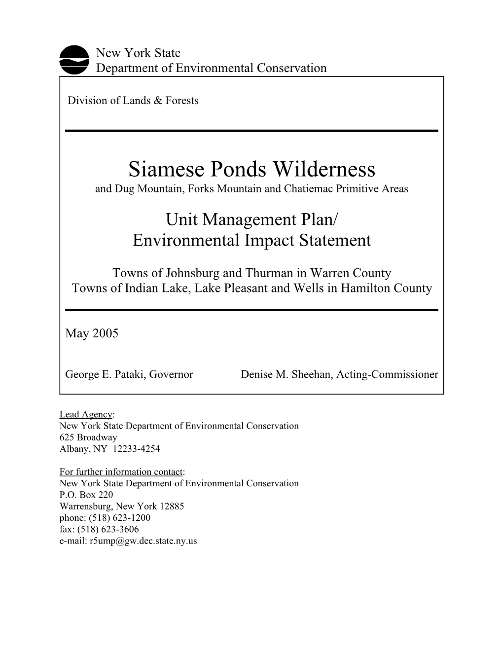 2005 Siamese Ponds Wilderness Unit Management Plan (UMP)