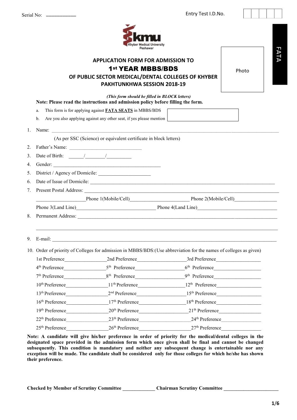 Application Form for FATA Seats