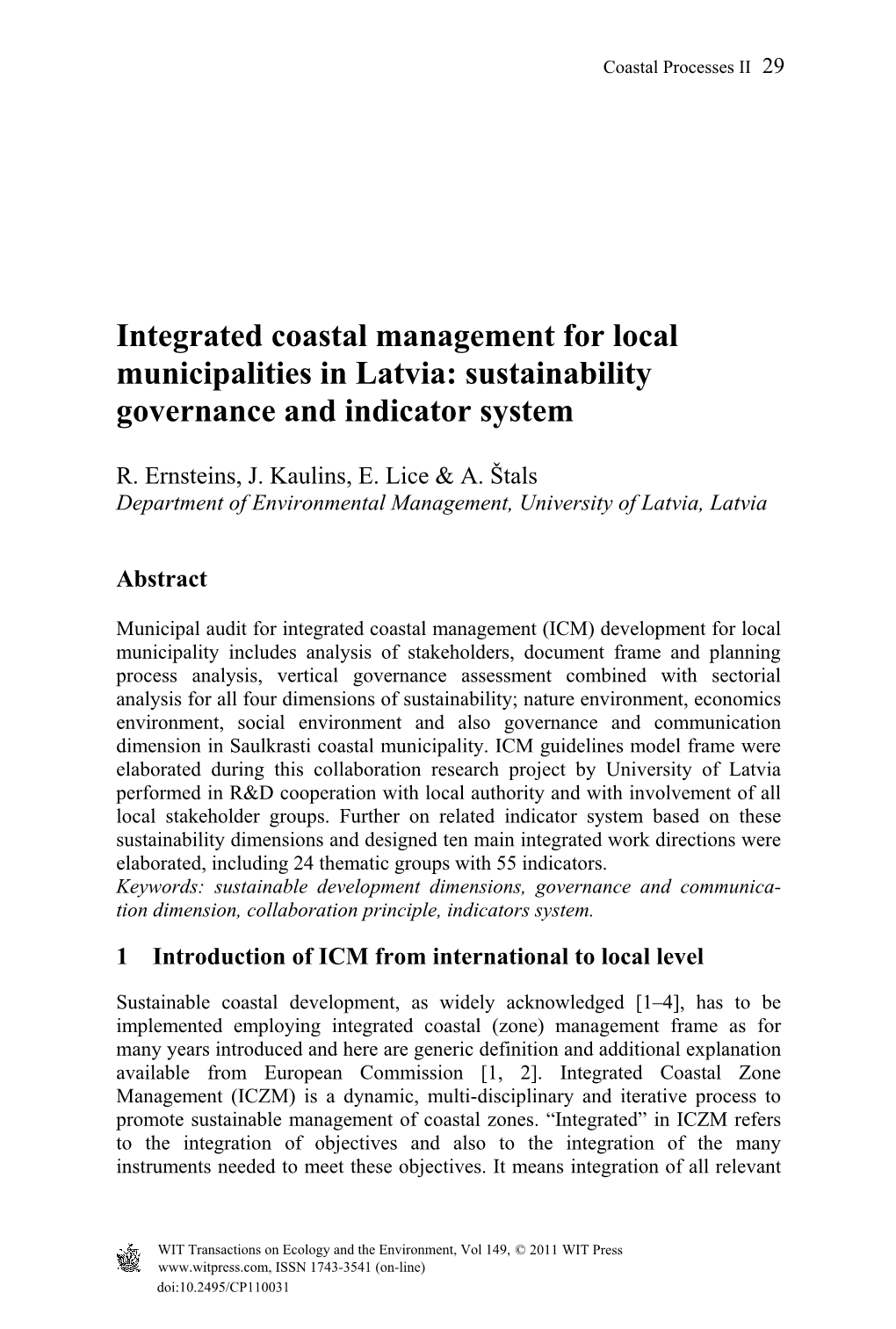 Integrated Coastal Management for Local Municipalities in Latvia: Sustainability Governance and Indicator System