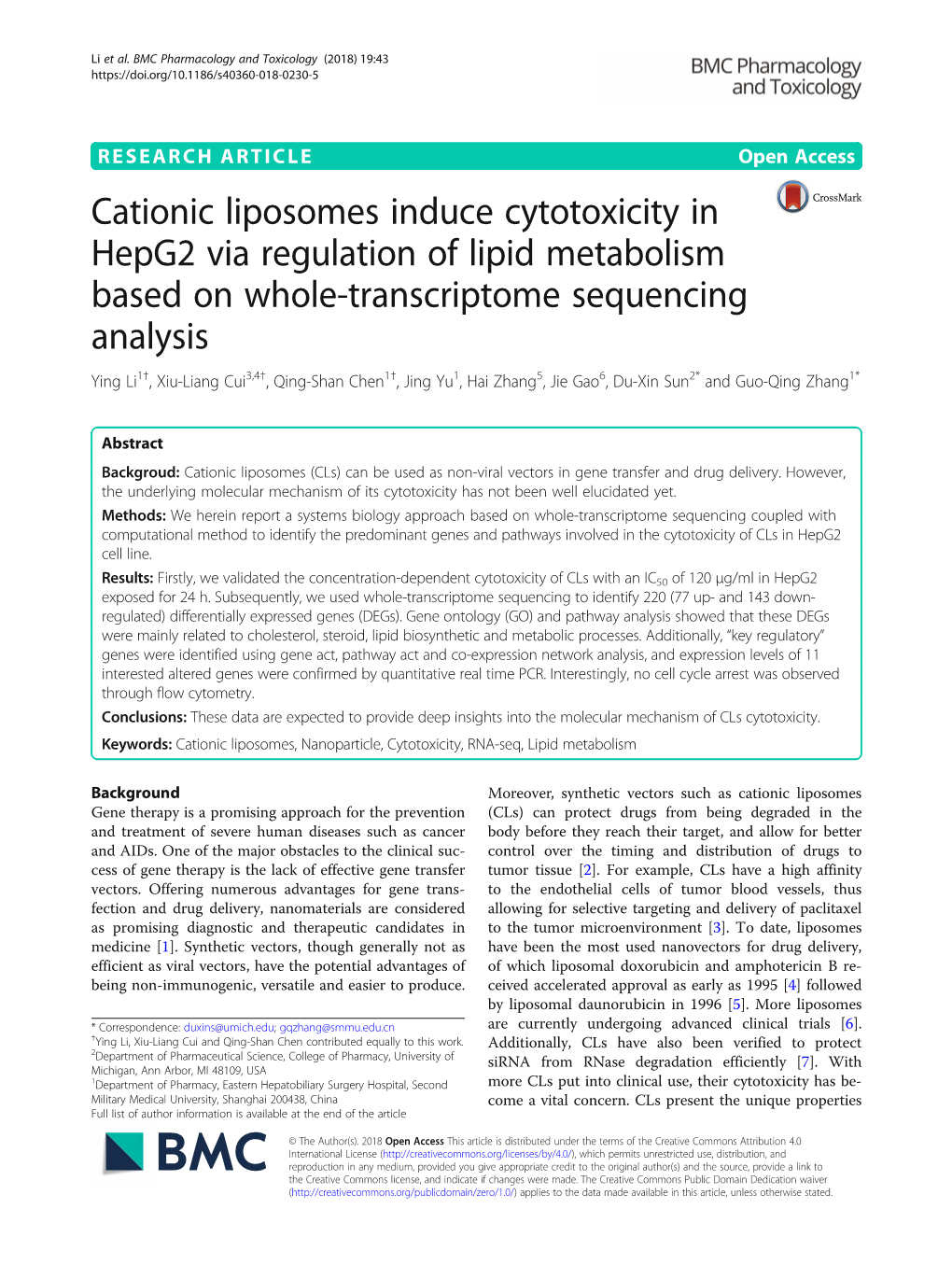 Cationic Liposomes Induce Cytotoxicity in Hepg2 Via Regulation of Lipid