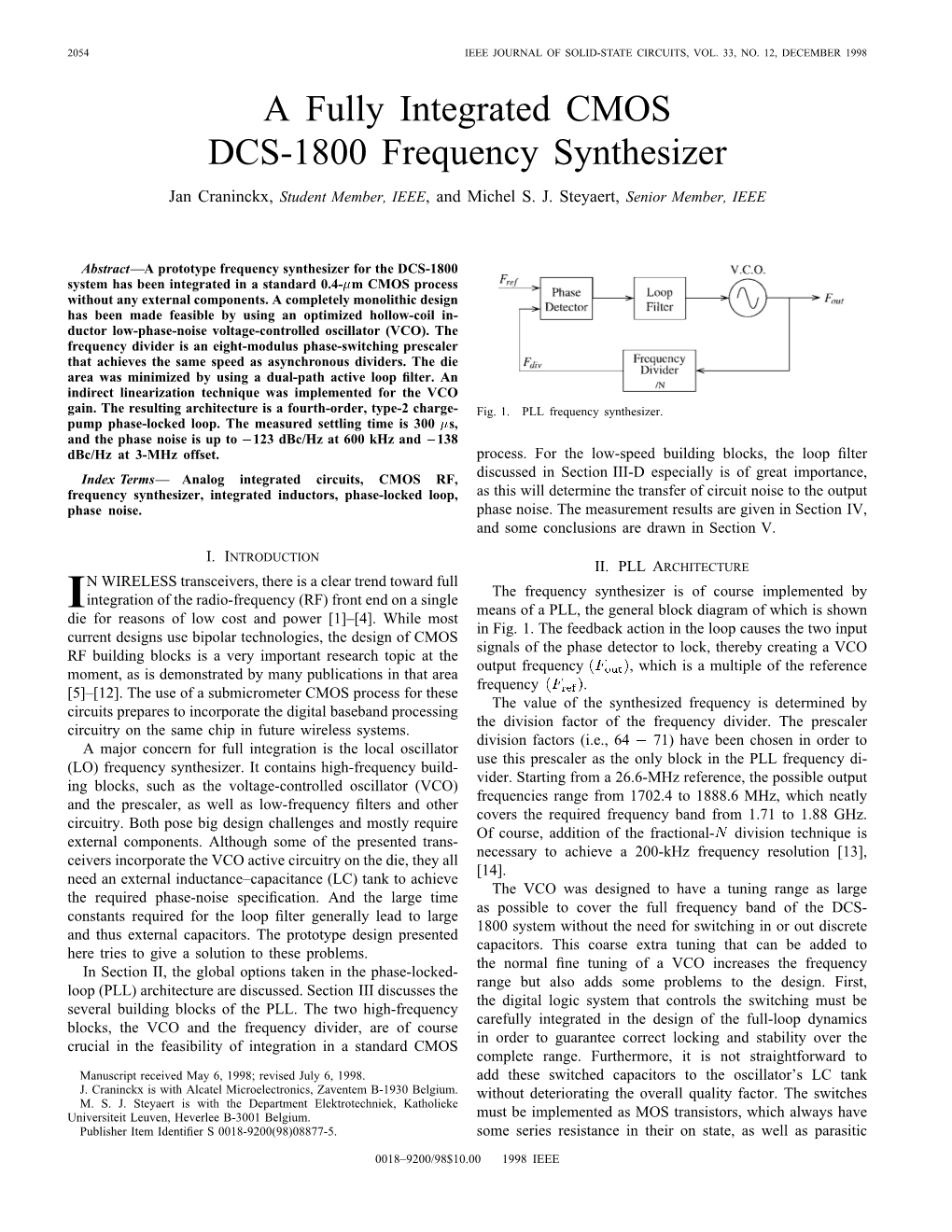 A Fully Integrated CMOS DCS-1800 Frequency Synthesizer