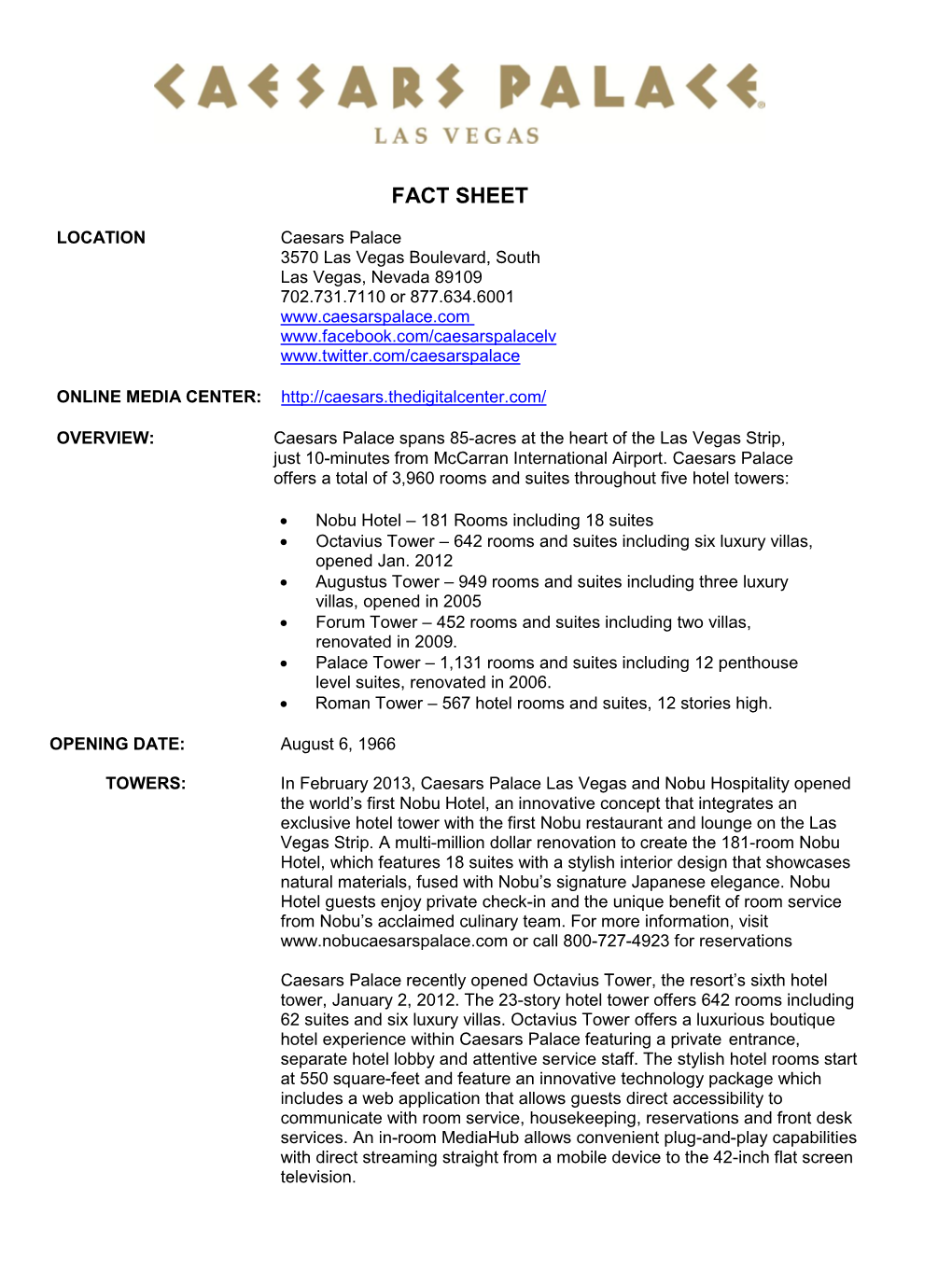 Caesars Palace Fact Sheet