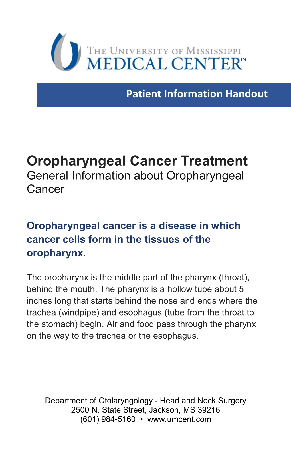 Oropharyngeal Cancer Treatment General Information About Oropharyngeal Cancer