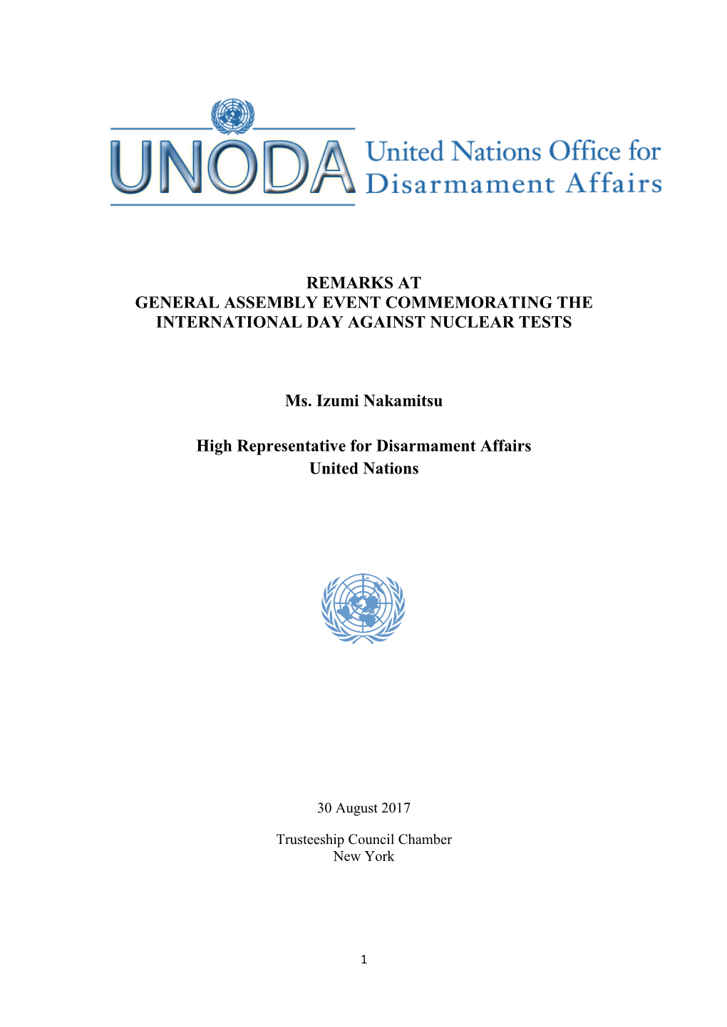 Remarks at General Assembly Event Commemorating the International Day Against Nuclear Tests