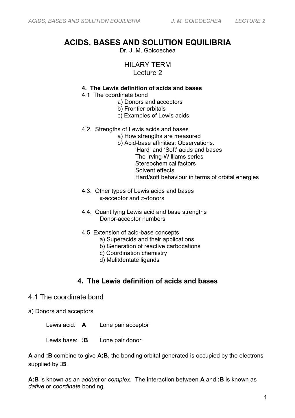 Acids, Bases and Solution Equilibria J