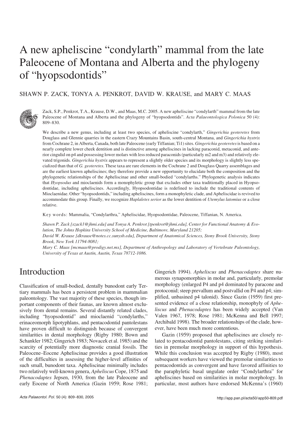 A New Apheliscine “Condylarth” Mammal from the Late Paleocene of Montana and Alberta and the Phylogeny of “Hyopsodontids”