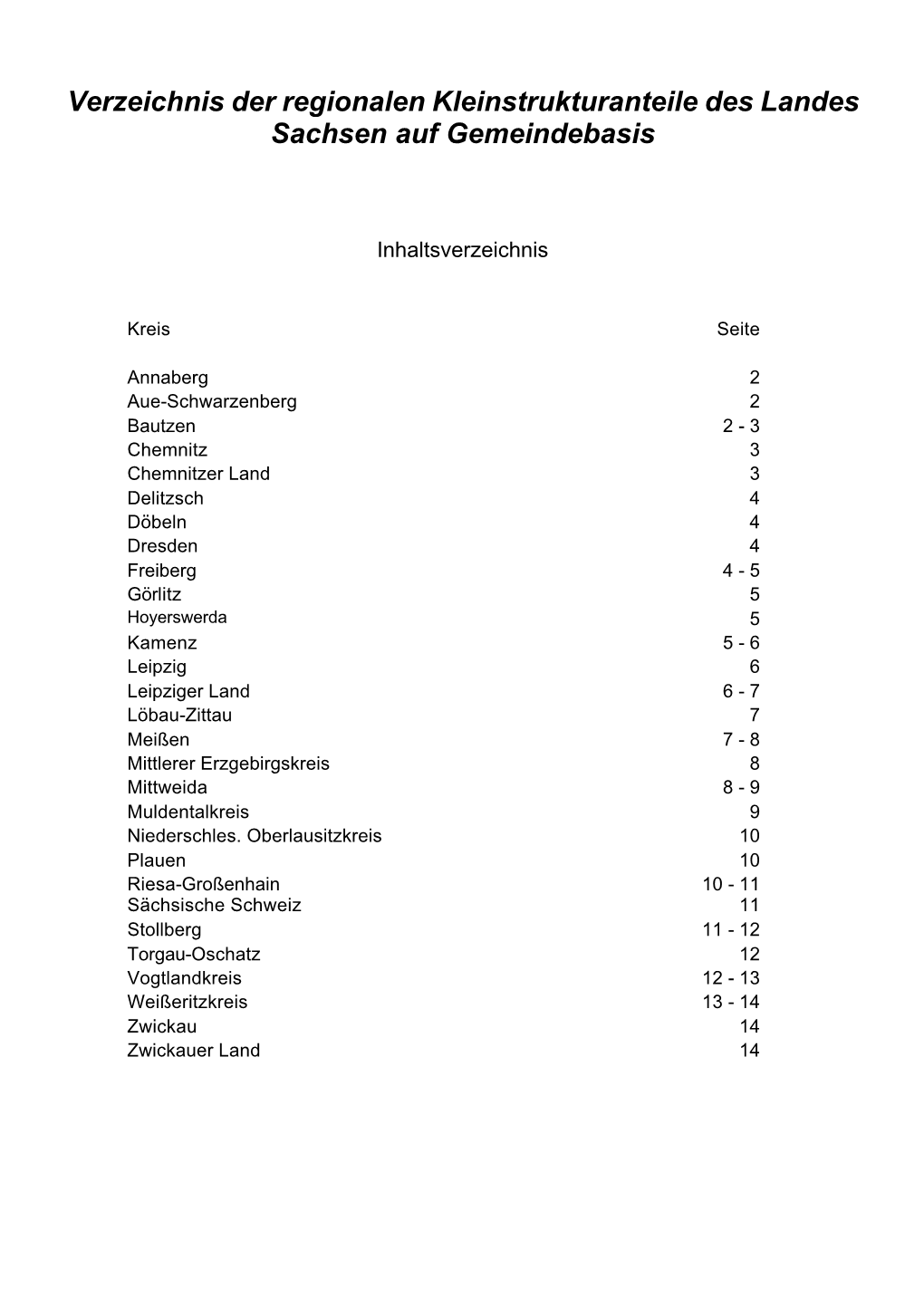 Verzeichnis Der Regionalen Kleinstrukturanteile Des Landes Sachsen Auf Gemeindebasis