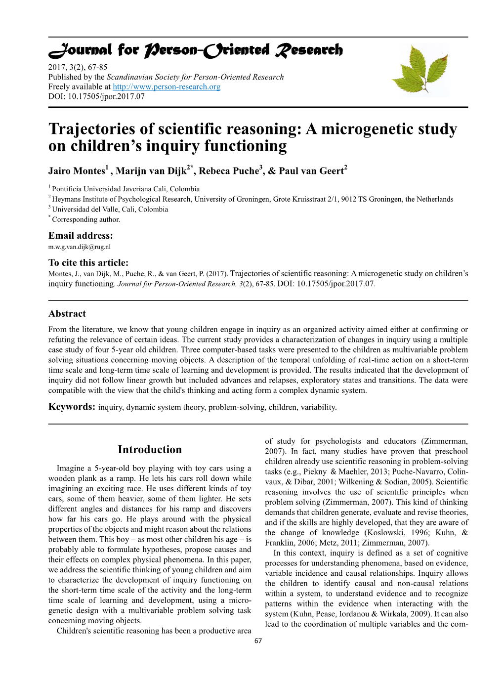 Journal for Person-Oriented Research Trajectories of Scientific Reasoning: a Microgenetic Study on Children's Inquiry Function