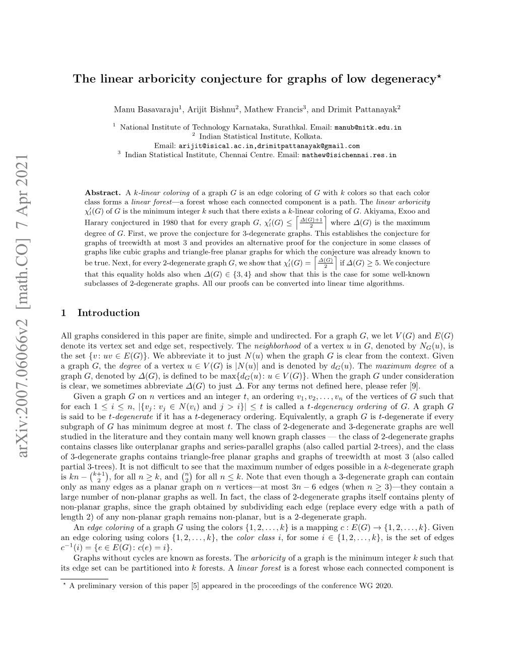 Arxiv:2007.06066V2 [Math.CO] 7 Apr 2021 Scer Esmtmsabbreviate Sometimes We Clear, Is Graph Graph a H Set the L Rpscniee Nti Ae R Nt,Sml N Undirected