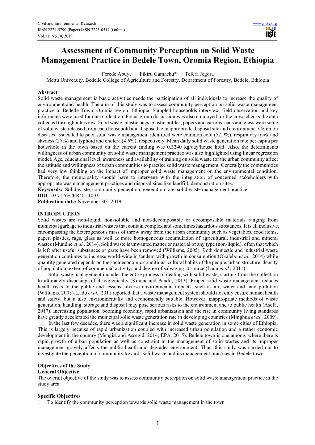 Assessment of Community Perception on Solid Waste Management Practice in Bedele Town, Oromia Region, Ethiopia