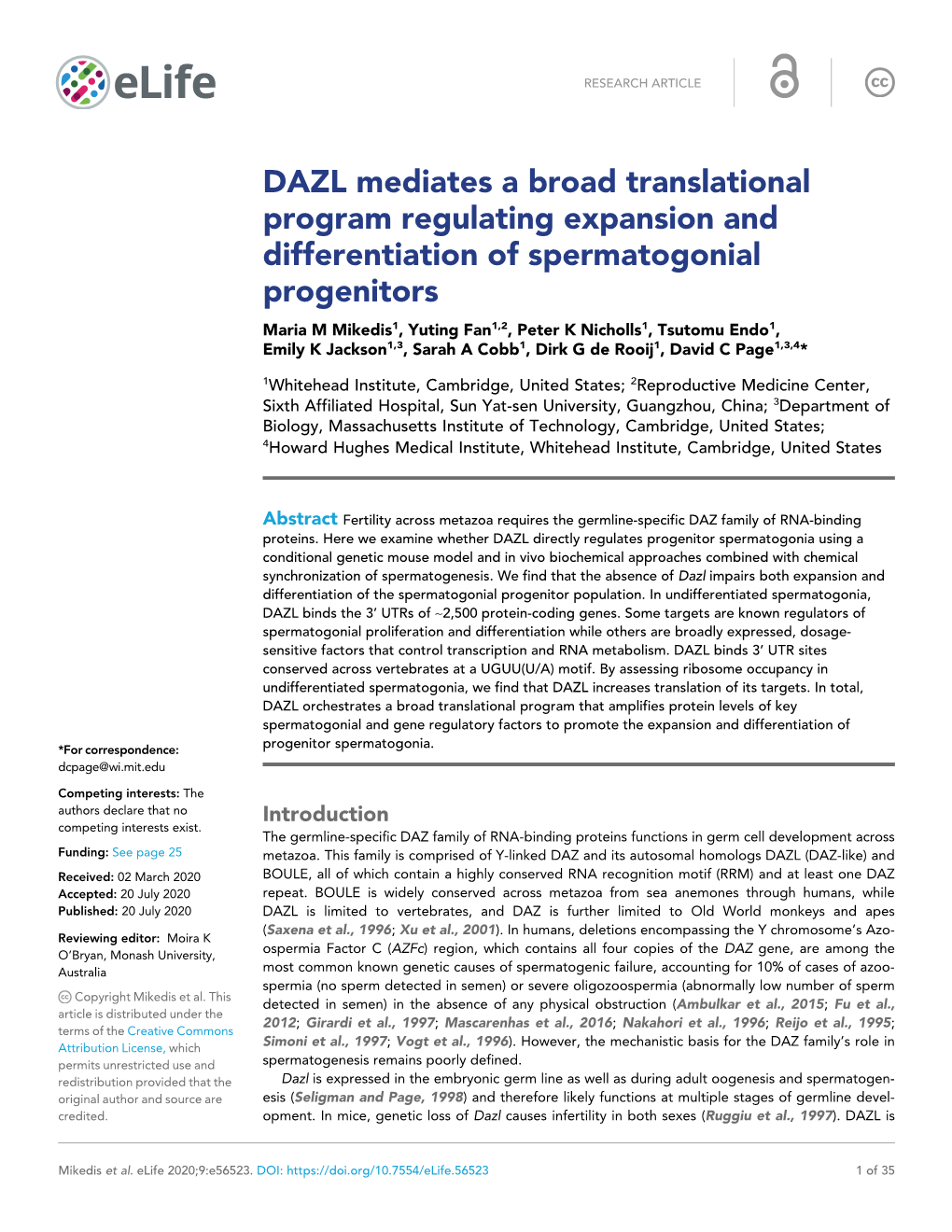 DAZL Mediates a Broad Translational Program Regulating Expansion And
