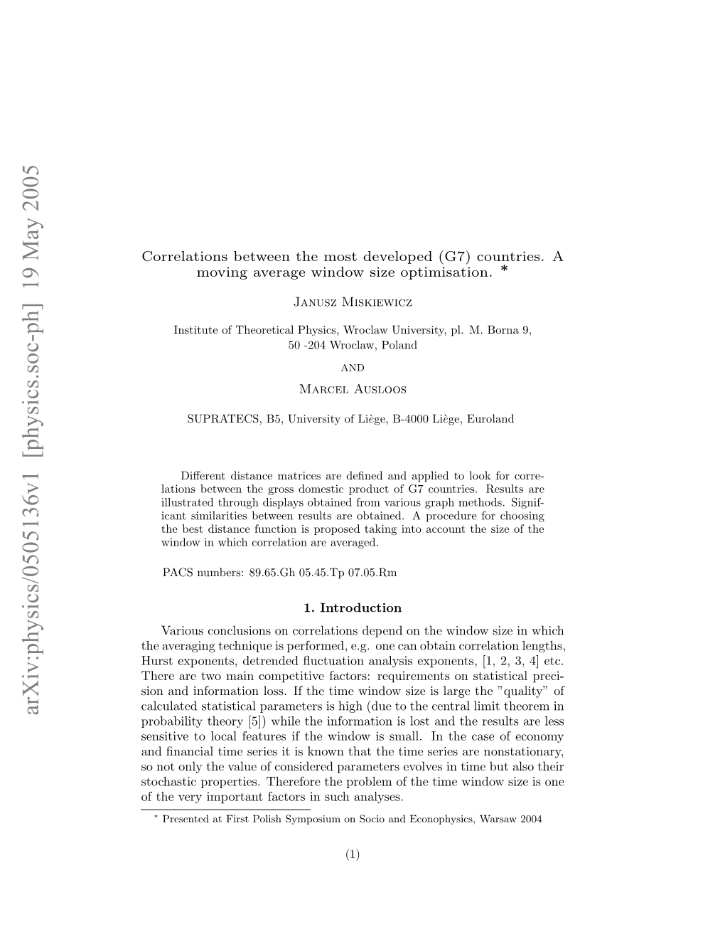 Correlations Between the Most Developed (G7) Countries. a Moving