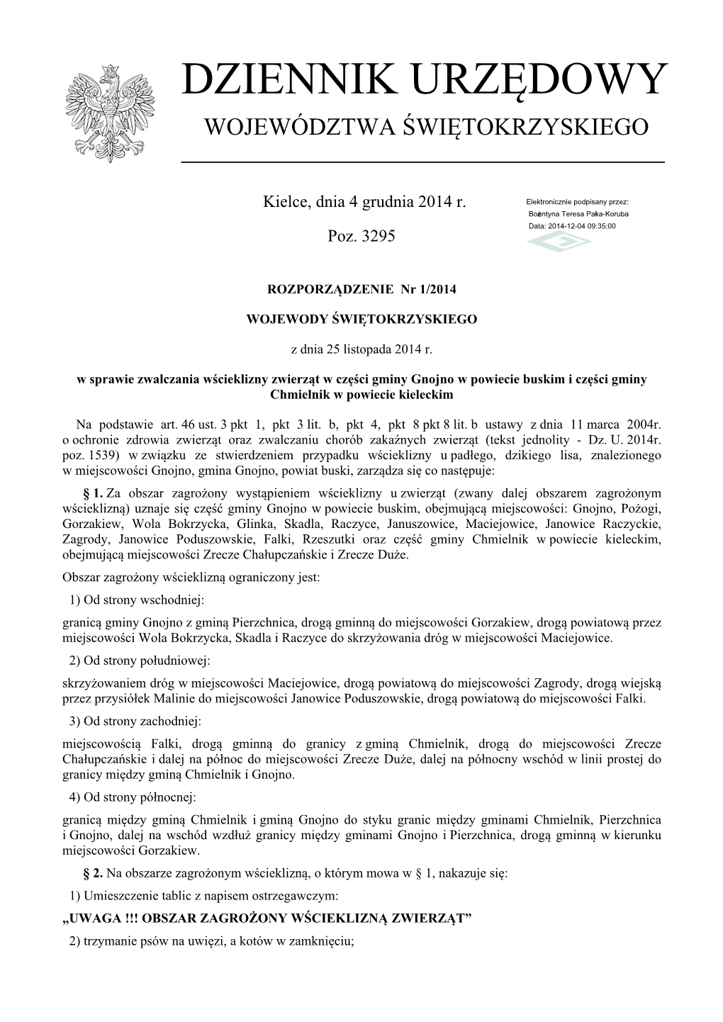 Rozporządzenie Nr 1/2014 Z Dnia 25 Listopada 2014 R