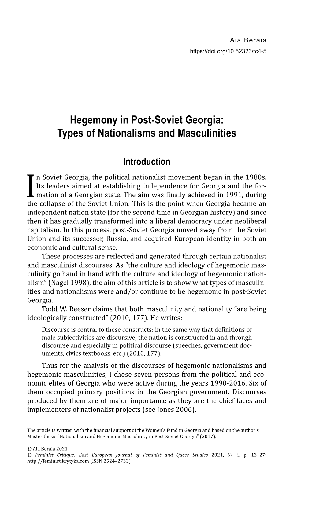 Hegemony in Post-Soviet Georgia: Types of Nationalisms and Masculinities