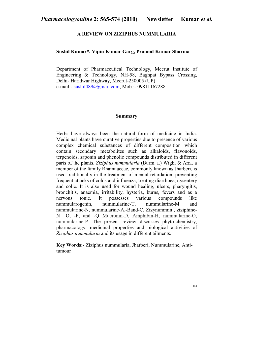 Pharmacologyonline 2: 565-574 (2010) Ewsletter Kumar Et