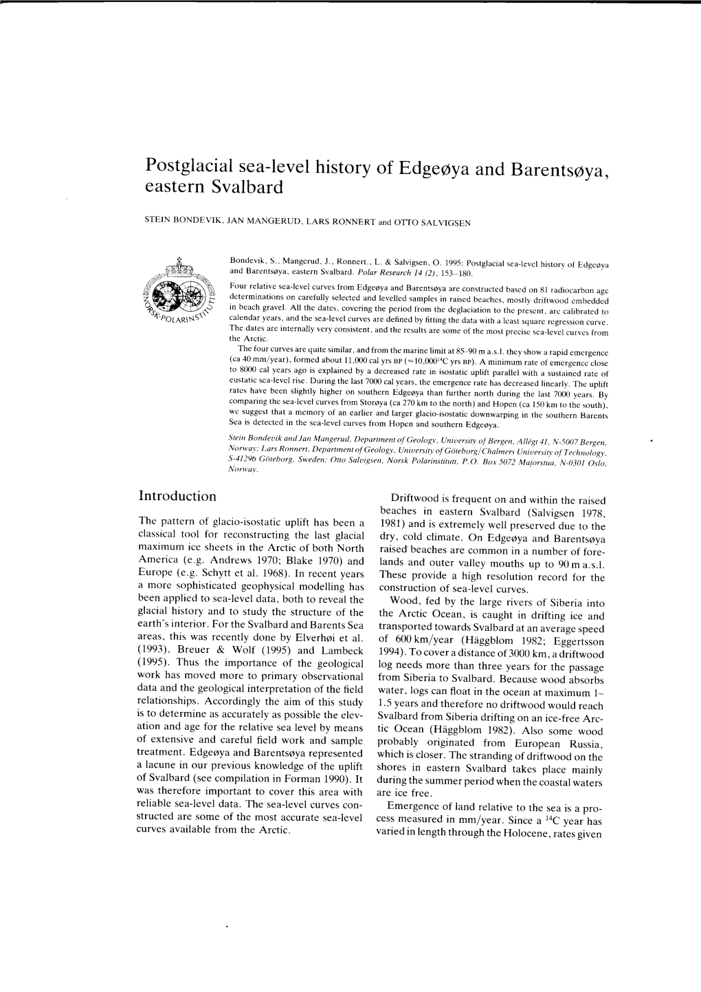 Postglacial Sea-Level History of Edge 6Ya And,B Arents 6V A. Eastern