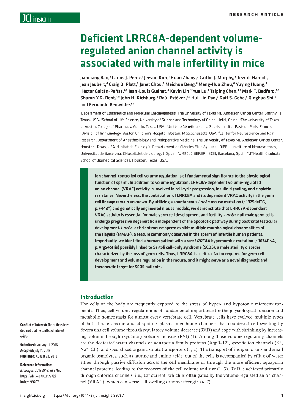 Regulated Anion Channel Activity Is Associated with Male Infertility in Mice
