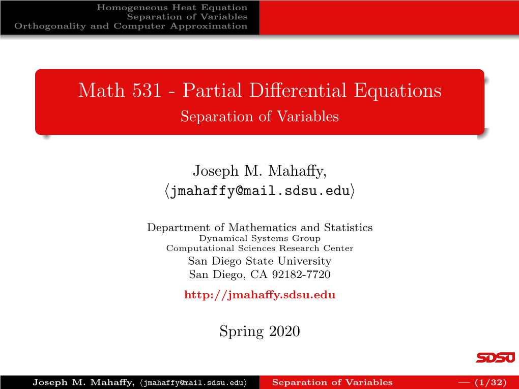 Math 531 - Partial Diﬀerential Equations Separation of Variables