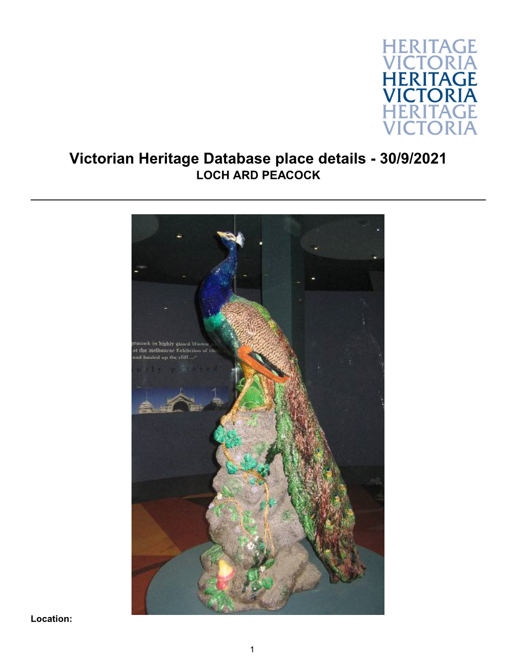 Victorian Heritage Database Place Details - 30/9/2021 LOCH ARD PEACOCK