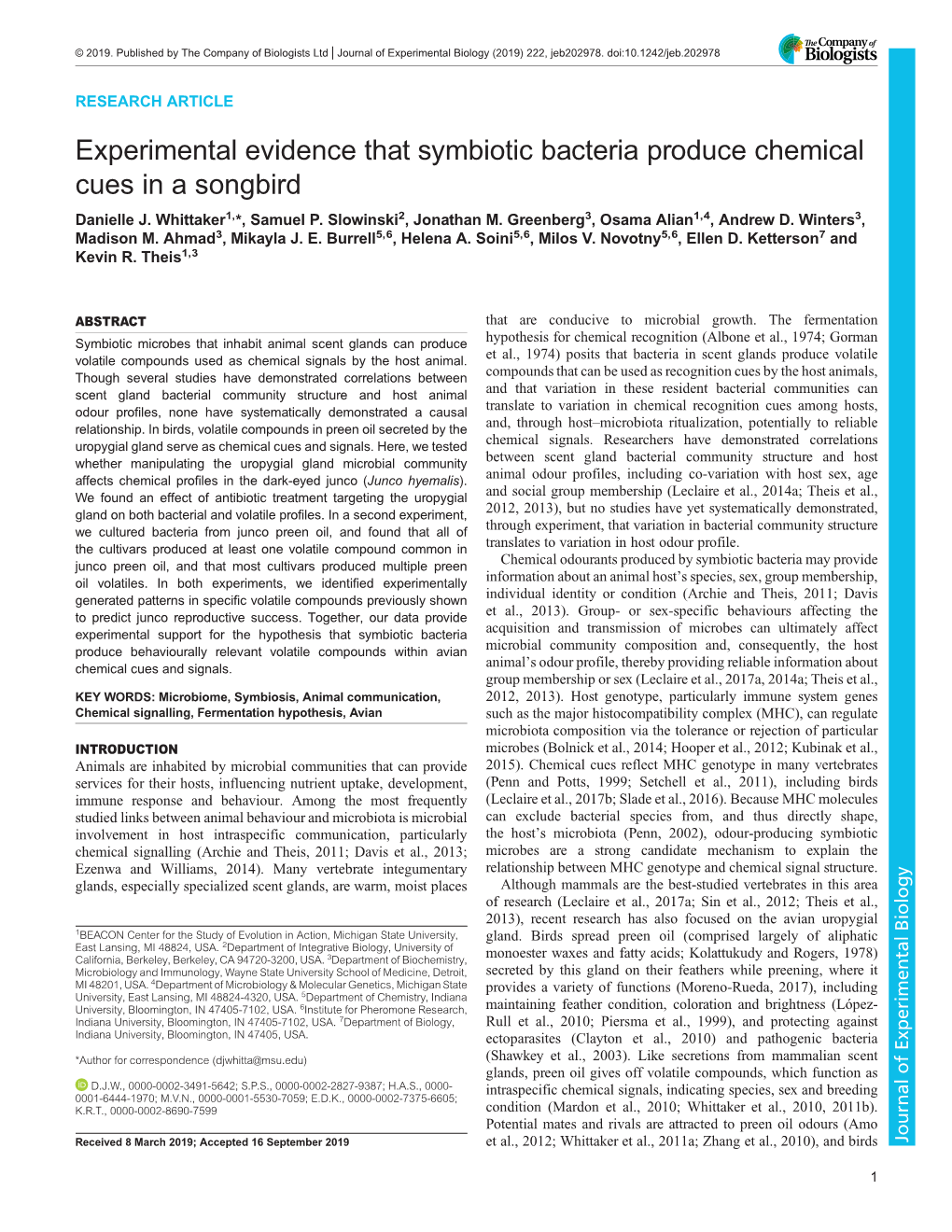 Experimental Evidence That Symbiotic Bacteria Produce Chemical Cues in a Songbird Danielle J