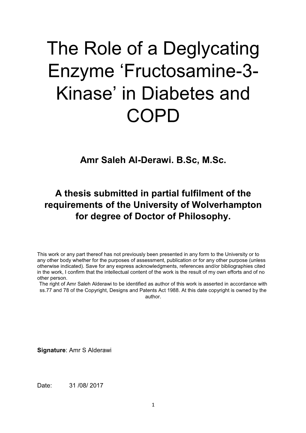 The Role of a Deglycating Enzyme 'Fructosamine-3- Kinase'