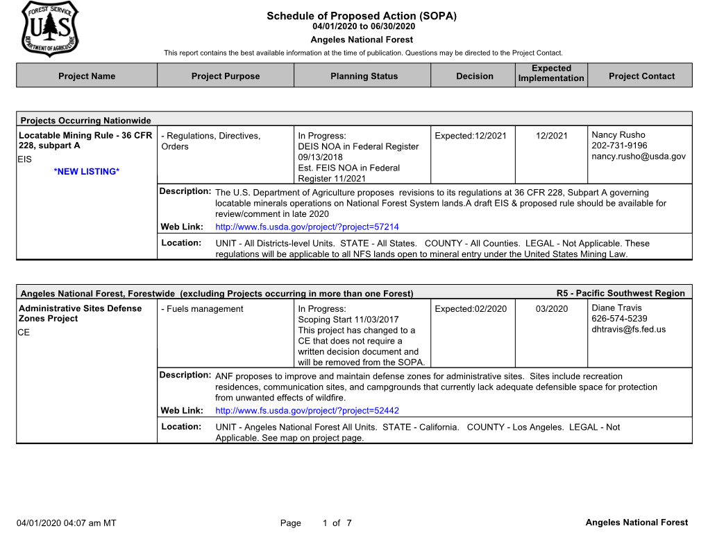 Schedule of Proposed Action (SOPA) 04/01/2020 to 06/30/2020 Angeles National Forest This Report Contains the Best Available Information at the Time of Publication