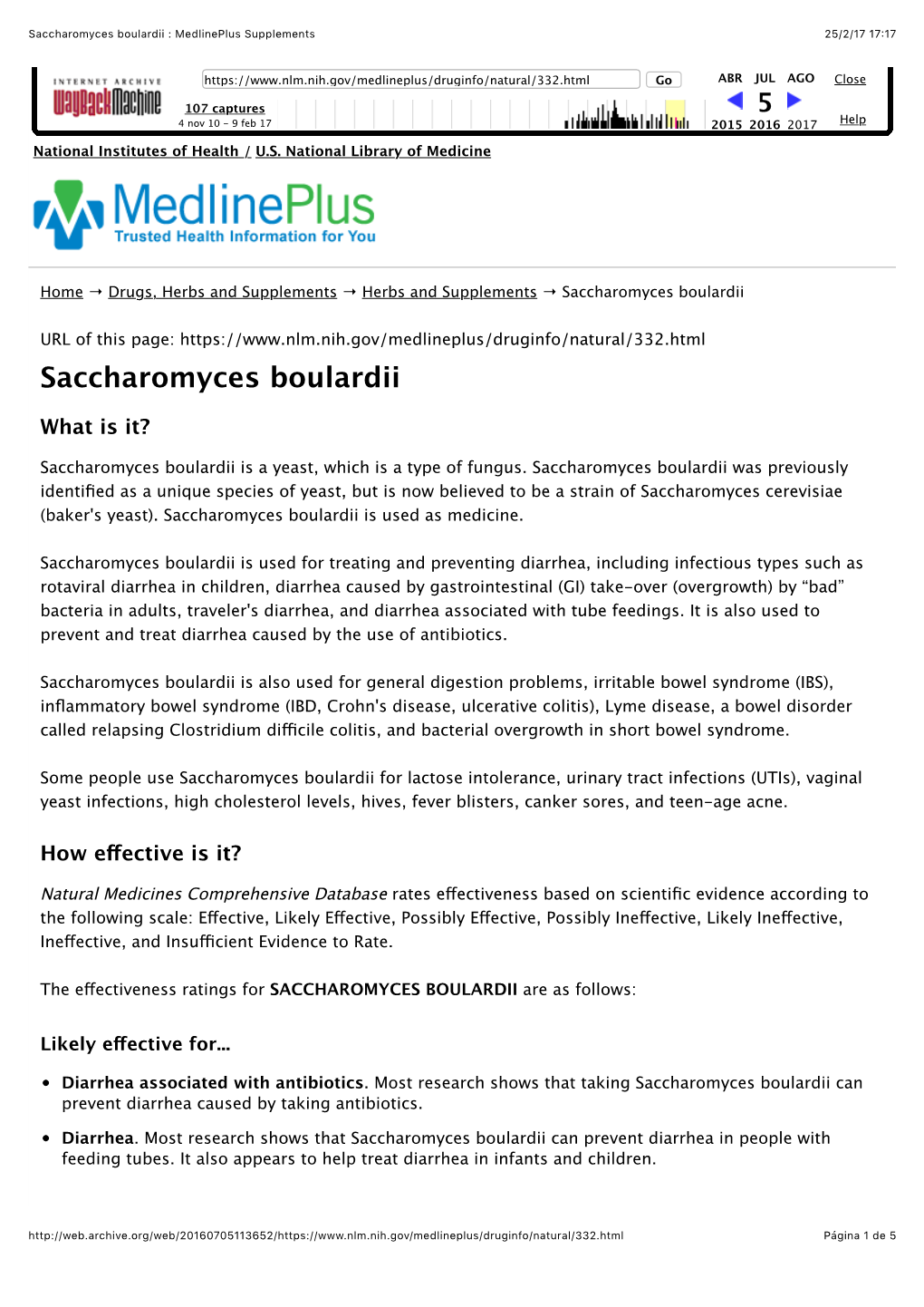 Saccharomyces Boulardii : Medlineplus Supplements 25/2/17 17:17