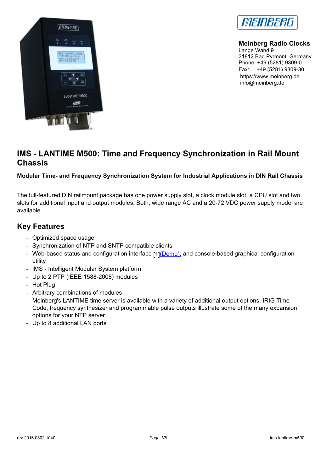 IMS - LANTIME M500: Time and Frequency Synchronization in Rail Mount Chassis