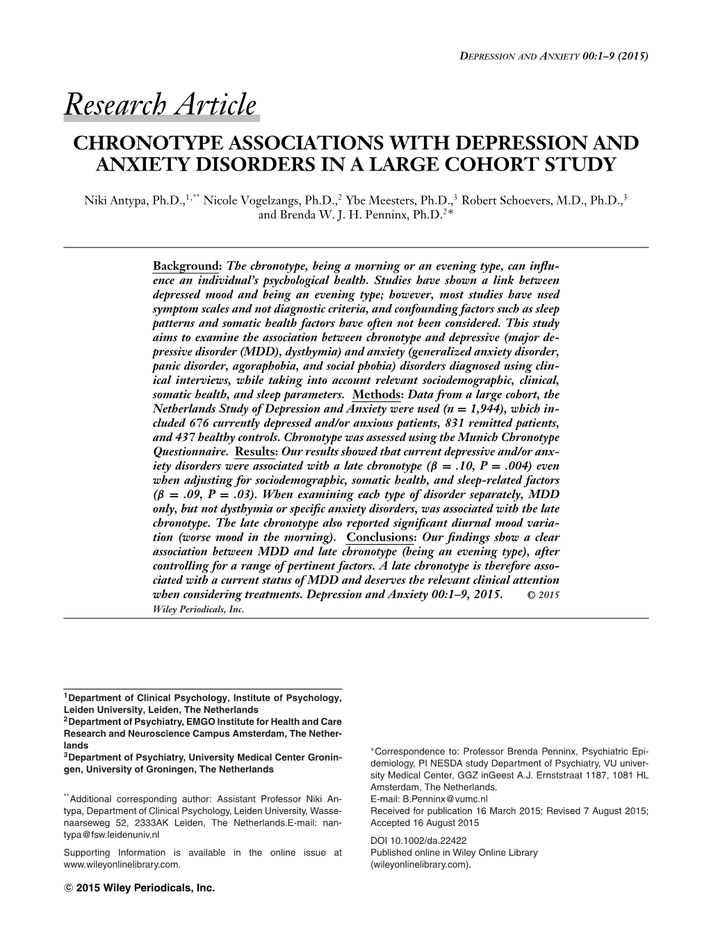 Chronotype Associations with Depression and Anxiety Disorders in a Large Cohort Study