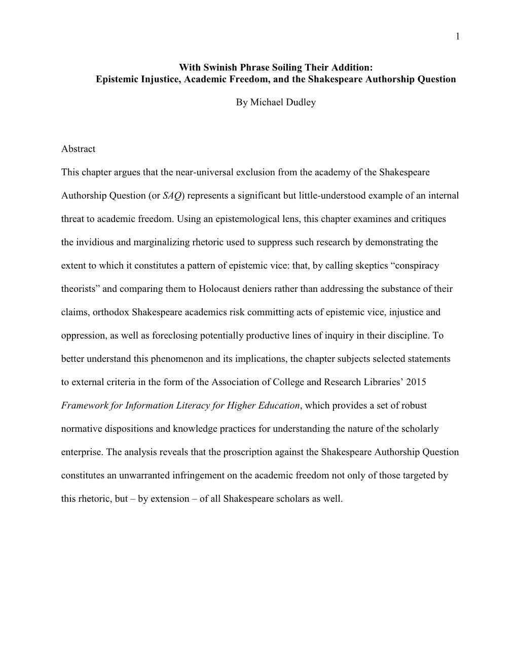 Epistemic Injustice, Academic Freedom, and the Shakespeare Authorship Question