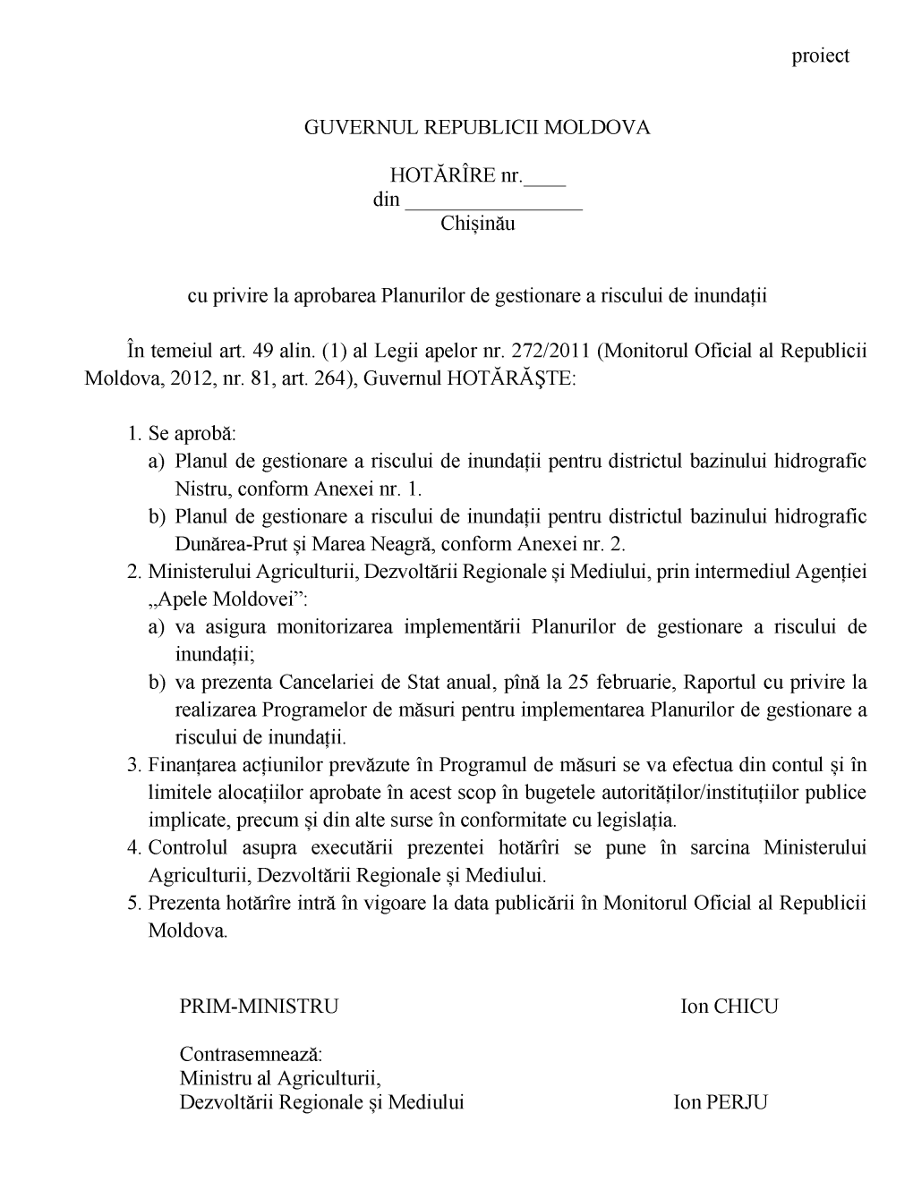 Cu Privire La Aprobarea Planurilor De Gestionare a Riscului De Inundații