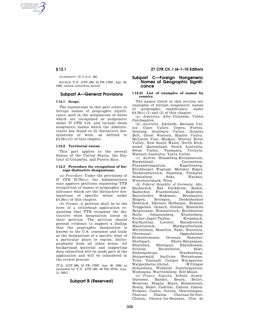 Subpart C—Foreign Nongeneric Names of Geographic Signifi