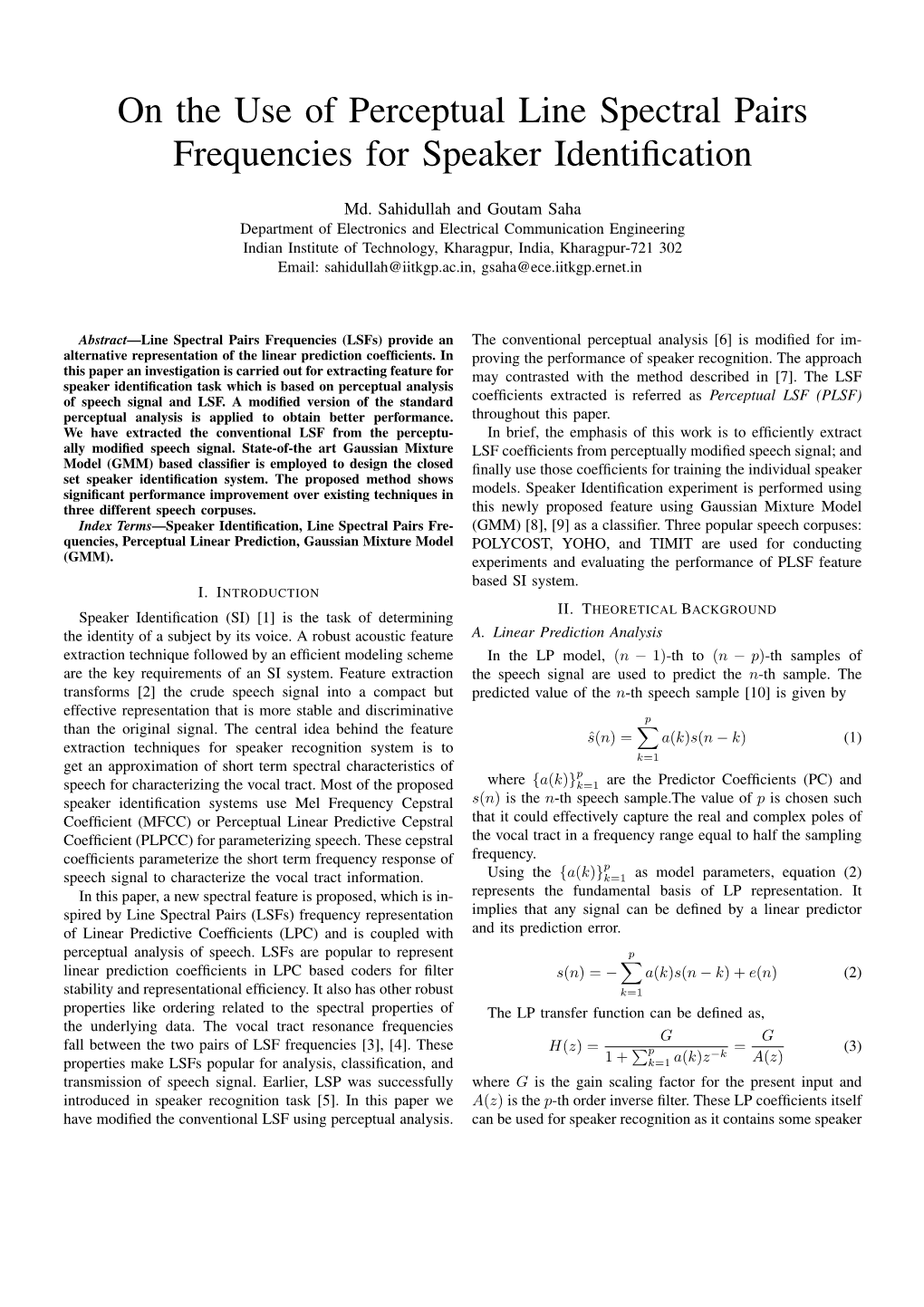 On the Use of Perceptual Line Spectral Pairs Frequencies for Speaker Identiﬁcation