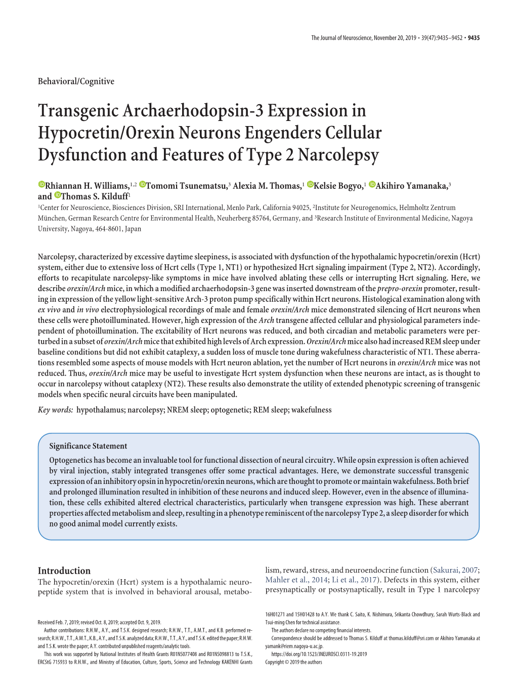 Transgenic Archaerhodopsin-3 Expression in Hypocretin/Orexin Neurons Engenders Cellular Dysfunction and Features of Type 2 Narcolepsy