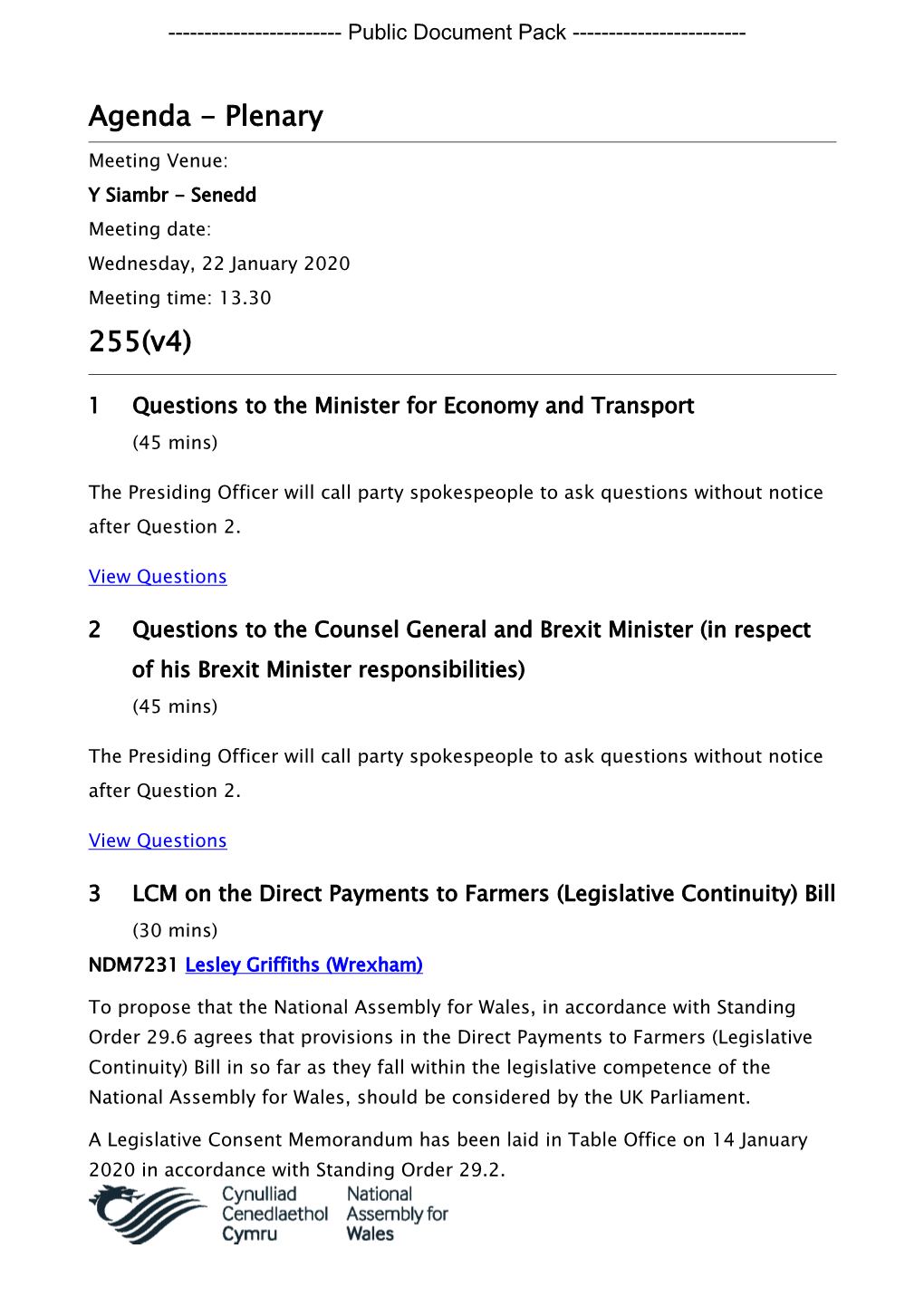 (Public Pack)Agenda Document for Plenary, 22/01/2020 13:30