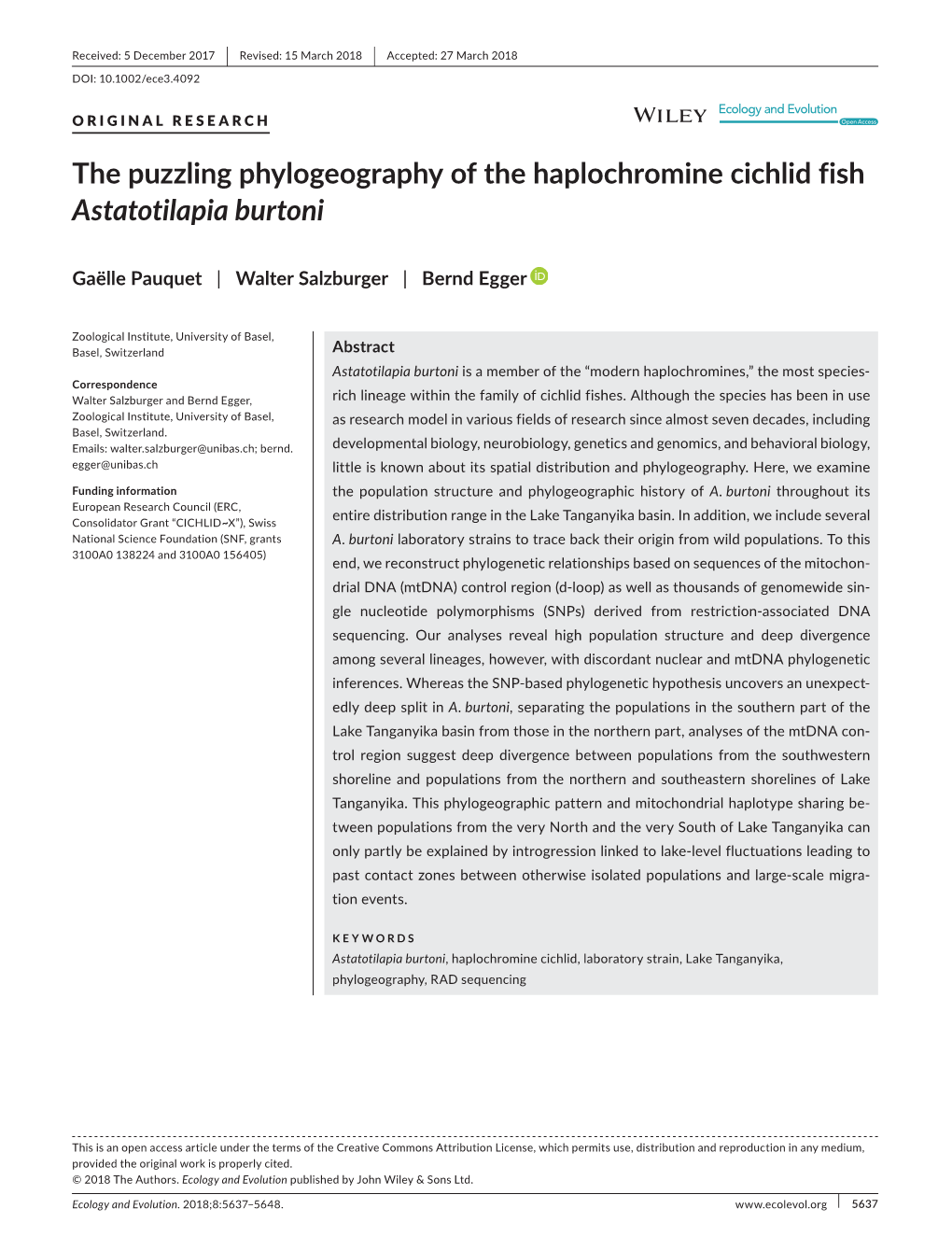 The Puzzling Phylogeography of the Haplochromine Cichlid Fish Astatotilapia Burtoni