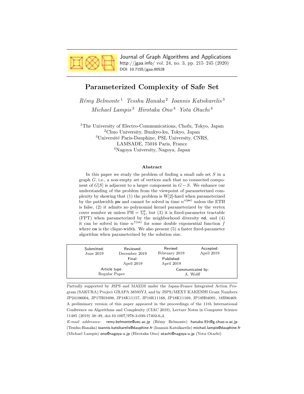 Parameterized Complexity of Safe Set