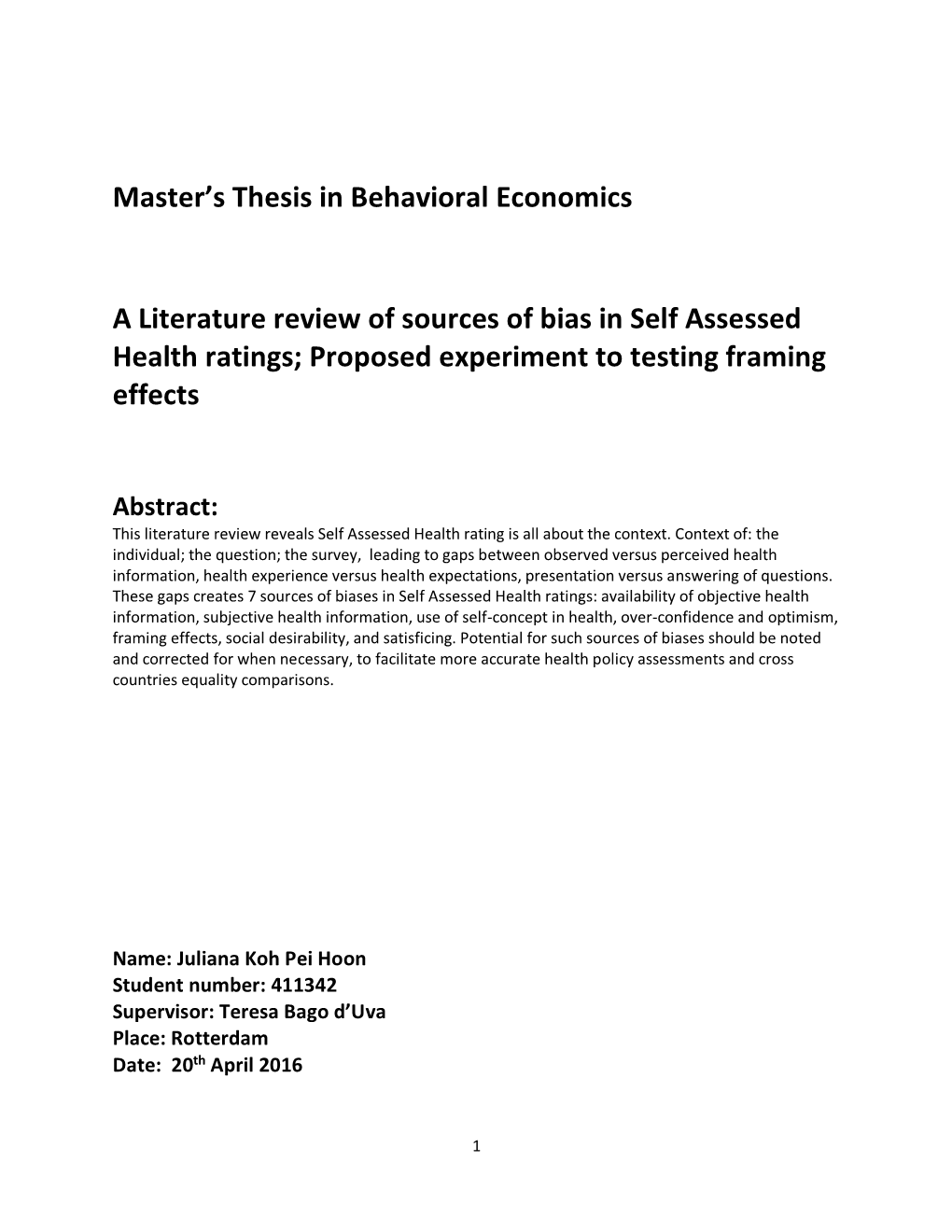 Master's Thesis in Behavioral Economics a Literature Review Of