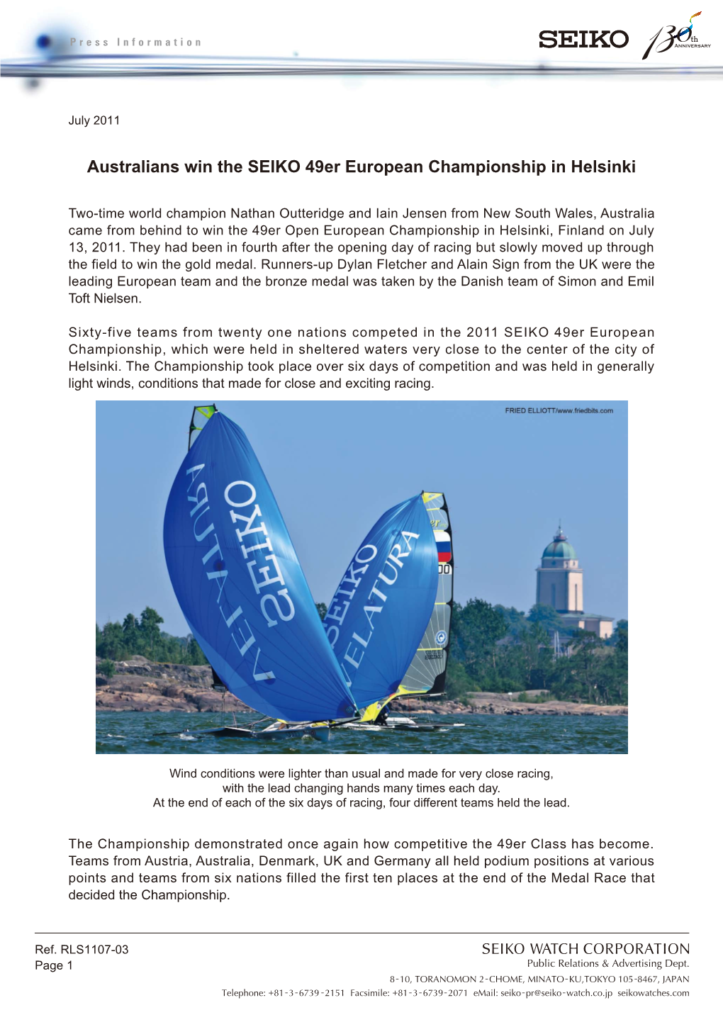 Australians Win the SEIKO 49Er European Championship in Helsinki