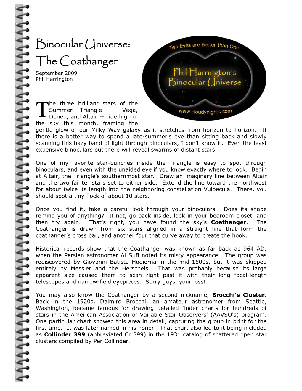 Binocular Universe: the Coathanger September 2009 Phil Harrington