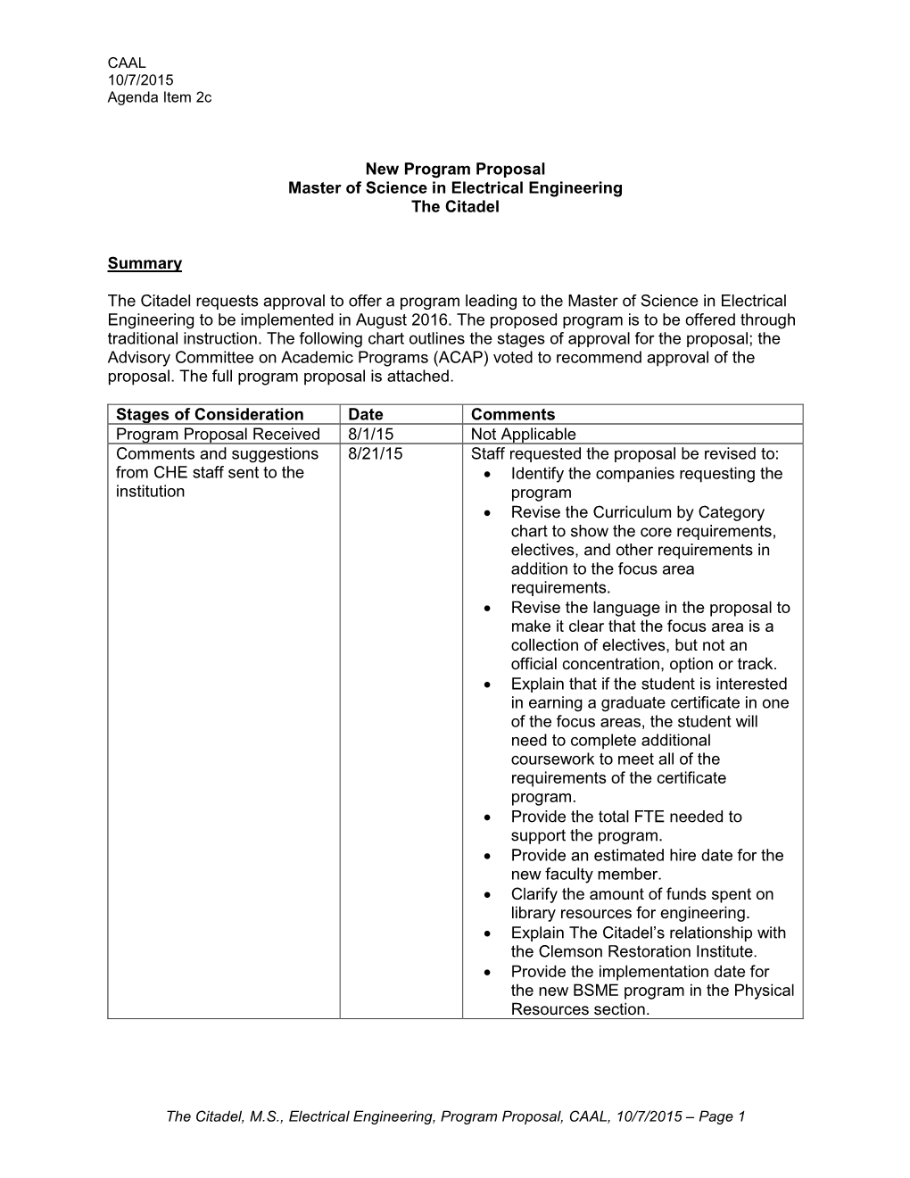 The Citadel, M.S., Electrical Engineering, Program Proposal, CAAL, 10/7/2015 – Page 1 CAAL 10/7/2015 Agenda Item 2C