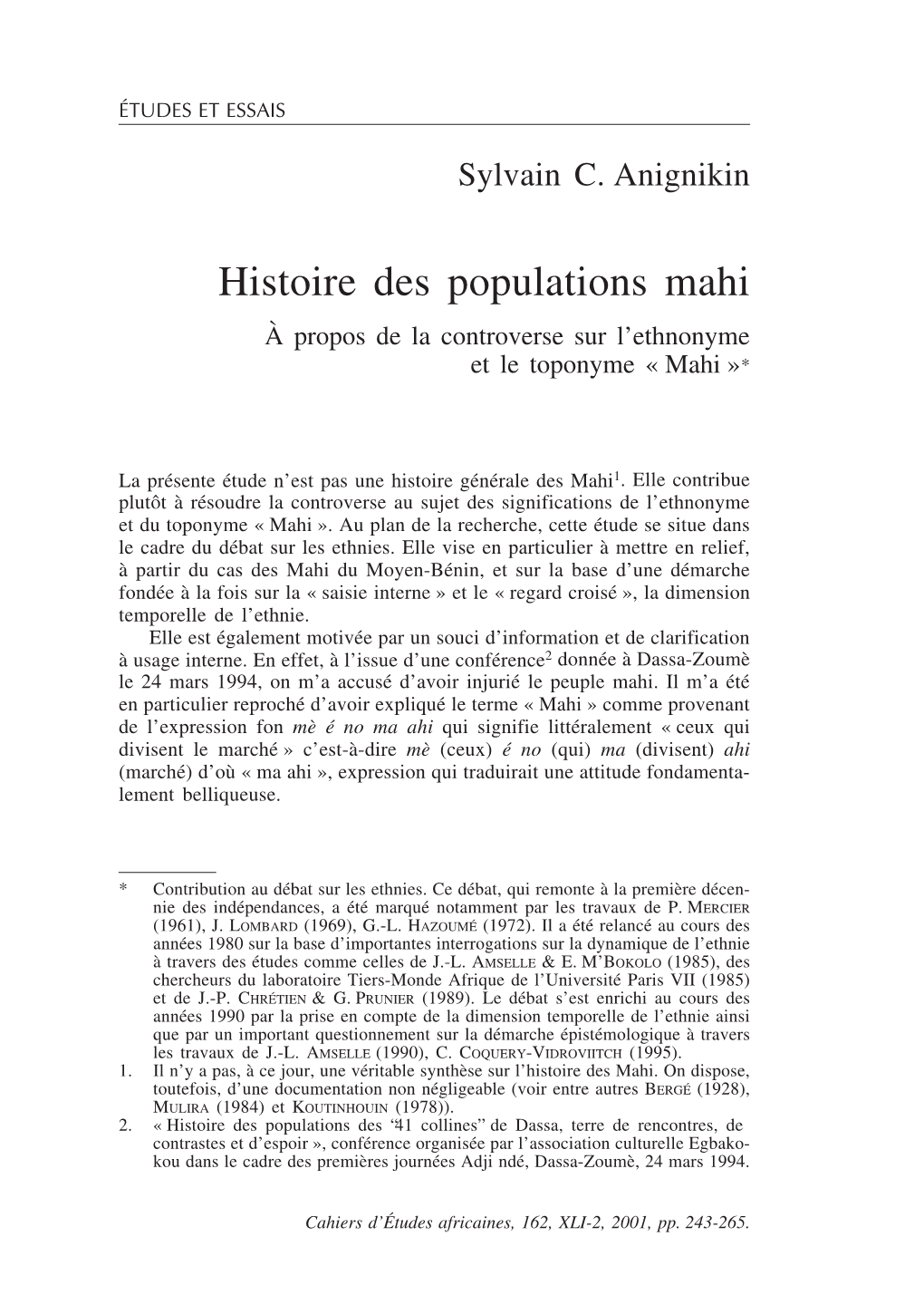 Histoire Des Populations Mahi A` Propos De La Controverse Sur L’Ethnonyme Et Le Toponyme « Mahi »*