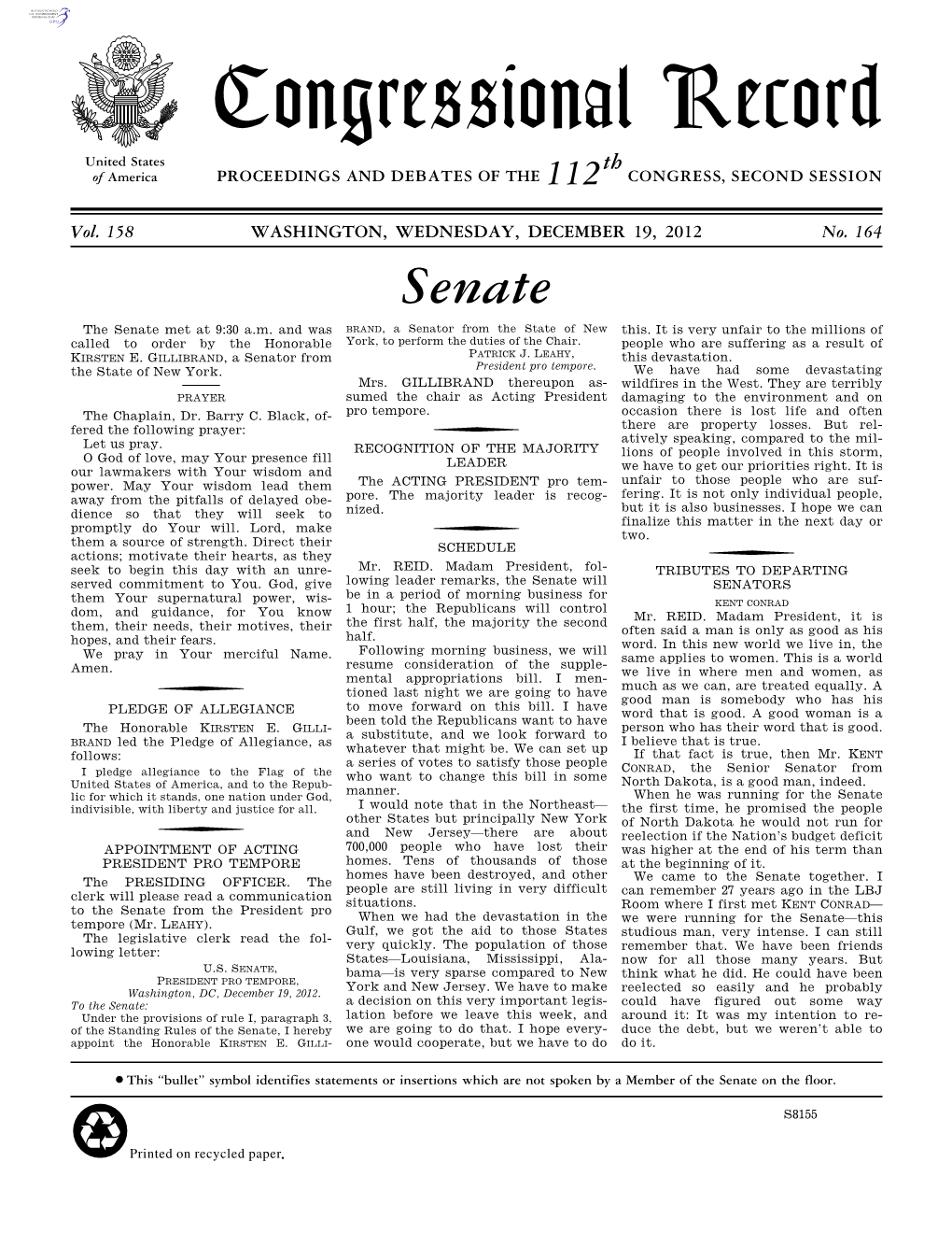 Congressional Record United States Th of America PROCEEDINGS and DEBATES of the 112 CONGRESS, SECOND SESSION